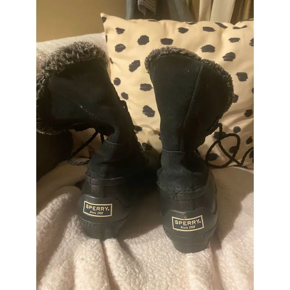 Size 6.5 Sperry Top Sider Syren Strait Quarter Faux Fur Rubber Boots Black